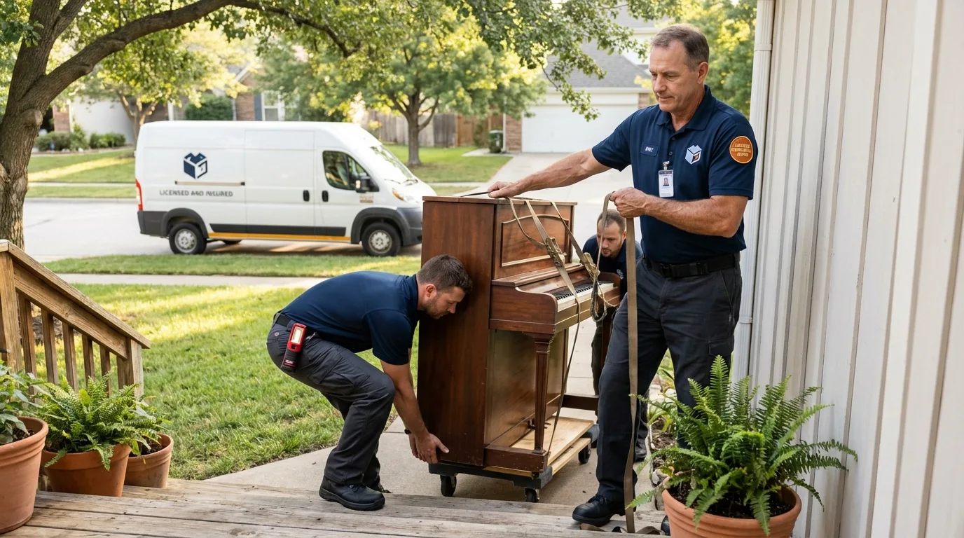 Licensed piano movers securing grand piano in Warren, OR