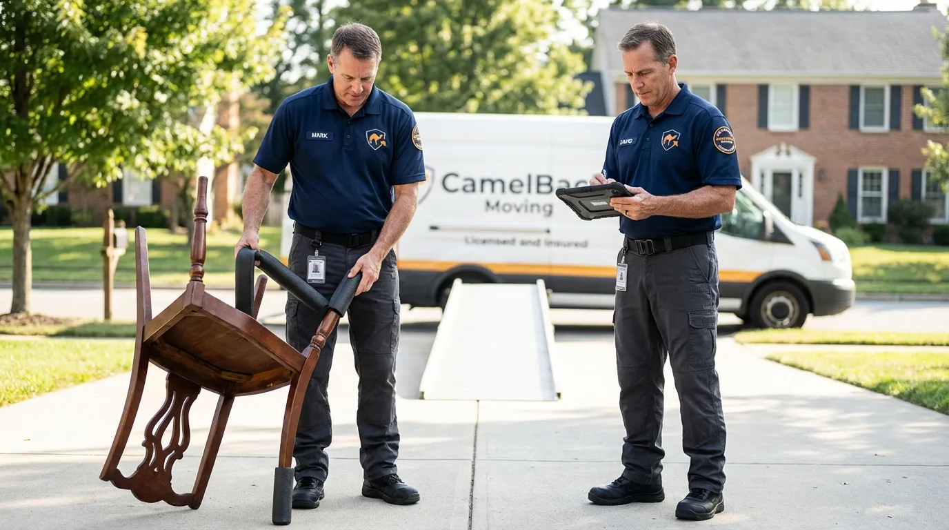 Movers inspecting furniture for damage prevention before loading in Warren, OR