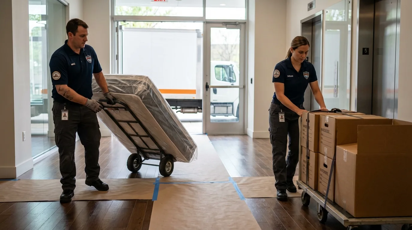 Professional apartment movers loading elevator in Warren, OR