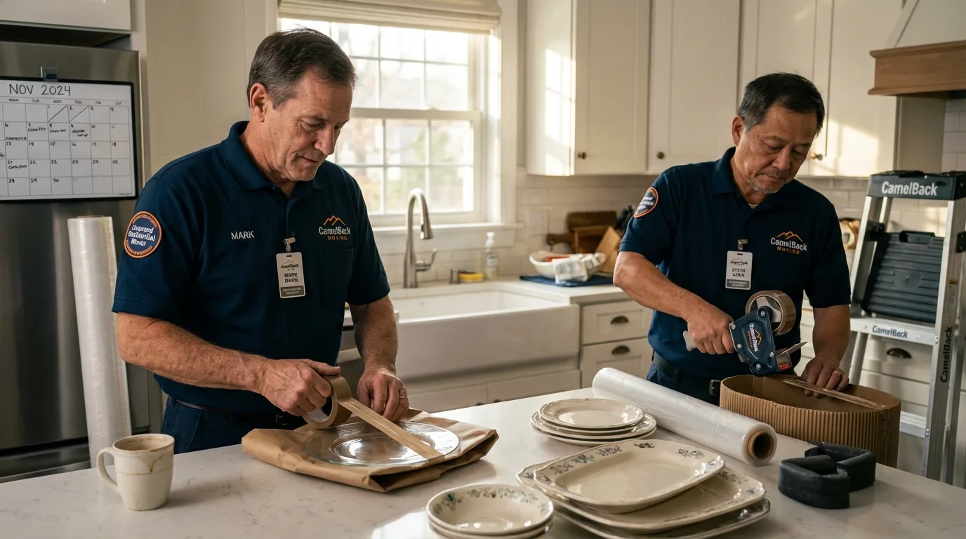 Professional crew packing kitchen dishware in Warren, OR